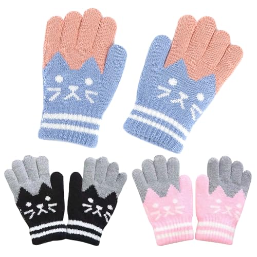 DKDDSSS 3 Paar Warme Strickhandschuhe Kinder, Winter Vollfinger Handschuhe, Winter Warme Strickhandschuhe, Süße Handschuhe Kinder, für Mädchen im Alter von 3–8 Jahren von DKDDSSS