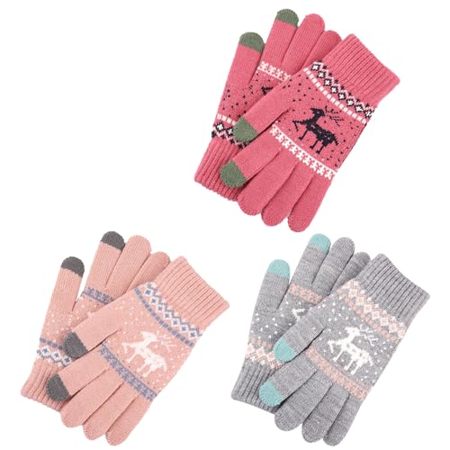 DKDDSSS 3 Paare Handschuhe Damen Winter Warme Touchscreen Winterhandschuhe, Dicke Strickhandschuhe Wollhandschuhe Thermohandschuhe Outdoor mit Weihnachten Rentier Muster von DKDDSSS