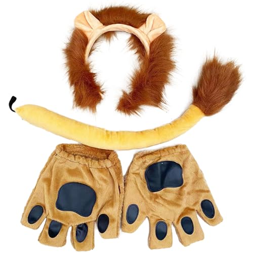 DKDDSSS 4 Teiliges Löwen Kostüm, Löwen Ohren Haarreif, Haarreif Löwe, Löwenschwanz, Therian Tail, Handschuhe, Furry suit, Tierkostüm Erwachsene, Löwenkostüm für Motto Party Karneval Cosplay von DKDDSSS