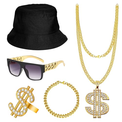 DKDDSSS 5 Stück Hip Hop Kostüm Set, 80er 90er Jahre Outfit Herrenm, Rapper Accessoires für Männer Zuhälter Kostüm Set, Halskette Dollar Ring Goldkette Armband für Herren Verkleidung Set Party von DKDDSSS