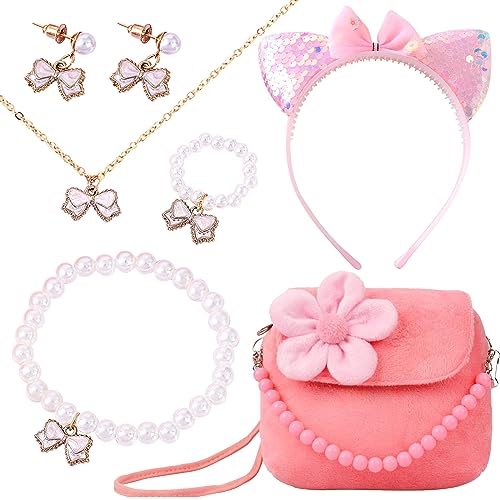 DKDDSSS 6PCS Handtasche Schmuckset Mädchen, Kinder Schmuck Set Kette Halskette Armband Ring Ohrring Kinderschmuck Kleine Mädchen Plüsch Handtasche für Party Dress Up Geschenk von DKDDSSS