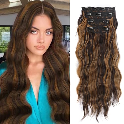 DKDDSSS Clip in Extensions, 4Pcs Brown Hair Extensions Clip in Haarverlängerungen 55cm, Synthetisches Haarteil, Haarverlängerungen mit Clips, Für Frauen Mädchen von DKDDSSS