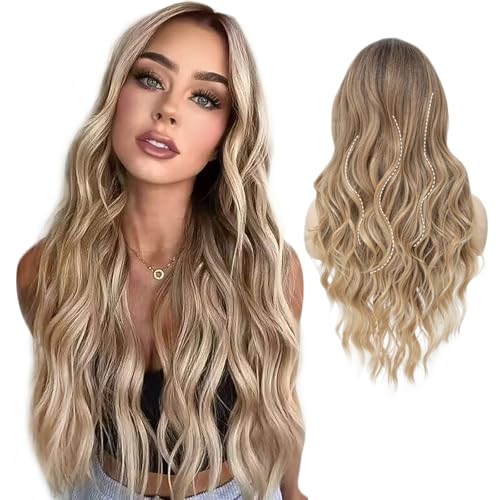 DKDDSSS Lange Lockige Ombre Braun zu Blond Perücken für Frauen, 25 Zoll Lange Ombre Perücke für Frauen Braun Ombre Blonde Natürlich Synthetische Haar Perücke für Tägliche Party Cosplay Verwendung von DKDDSSS