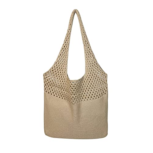 DKIIL NOIYB Damen-Häkeltaschen, gehäkelte Handtaschen, gestrickte Tragetasche für Damen, gehäkelte Hobo-Tasche, Strandtasche, hohles, gewebtes Netz, Schulterhandtasche, A01-Khaki, 36 EU von DKIIL NOIYB