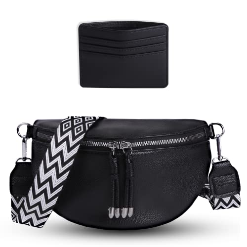 DKIIL NOIYB Damen Leder Umhängetasche, Leder Geldbörse mit Reißverschluss, Moderne Brusttasche mit breitem Schultergurt Messenger Sattel Crossbody Taschen Leder Bauchtasche, A06, schwarz mit kariertem von DKIIL NOIYB