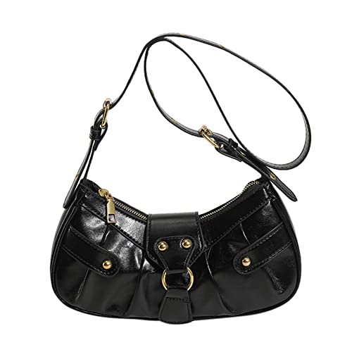 DKIIL NOIYB Frauen Umhängetasche Punk Stil Nieten Satchel Handtaschen PU Leder Halbmond Tasche Y2k Geldbörse Halbmond Unterarmtasche Motorrad Umhängetaschen, A01-schwarz, 26cm von DKIIL NOIYB