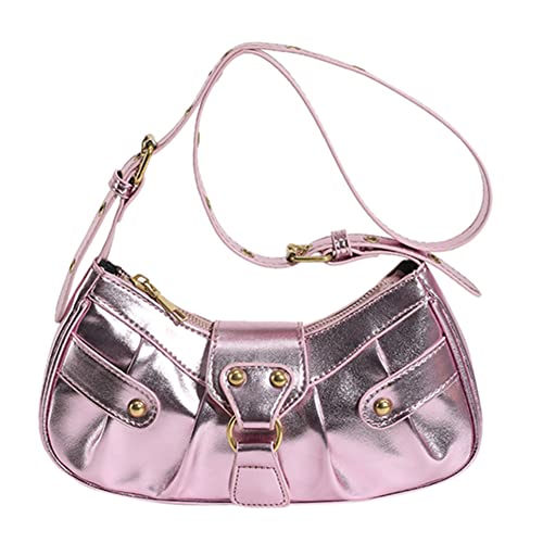 DKIIL NOIYB Frauen Umhängetasche Punk Stil Nieten Satchel Handtaschen PU Leder Halbmond Tasche Y2k Geldbörse Halbmond Unterarmtasche Motorrad Umhängetaschen, A04-Pink, 26cm von DKIIL NOIYB