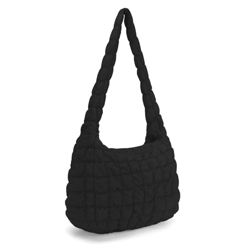 DKIIL NOIYB Gesteppte Tragetasche Puffy Tote für Frauen, leichte Puffy Tragetasche Gittermuster gesteppte Handtaschen 45,7 cm große Kapazität Baumwollpolsterung Umhängetasche 45 cm, A01-schwarz, 45cm von DKIIL NOIYB