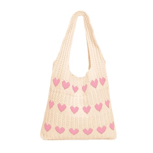 DKIIL NOIYB Gestrickte Umhängetasche Gehäkelte Einkaufstasche Herz Handtasche Hobo Bag Strick Tragetasche Häkeltasche Herz Strandtasche Tote Bag Teenager Mädchen Shopper Tasche (A8-Aprikosenpulver) von DKIIL NOIYB