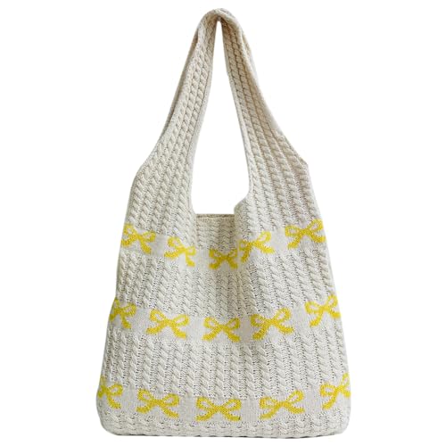 DKIIL NOIYB Gestrickte Umhängetasche Gehäkelte Einkaufstasche Herz Handtasche Hobo Bag Strick Tragetasche Häkeltasche Herz Strandtasche Tote Bag Teenager Mädchen Shopper Tasche (B4-Gelb) von DKIIL NOIYB