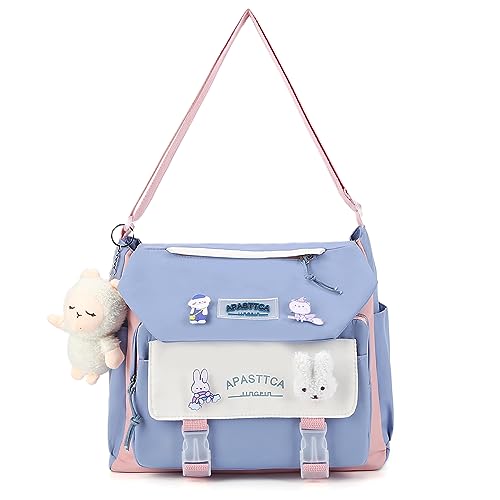 DKIIL NOIYB Kawaii Crossbody Tasche Mit Kawaii Bär Anhänger Für Mädchen Casual Kawaii Messenger Bag Canvas Hobo Taschen Multi Pocket Kawaii Tasche Für Frauen, A01-a Blau, 32 von DKIIL NOIYB