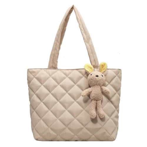 DKIIL NOIYB Nylon Umhängetasche Große für Damen Stepptasche Damen Shopper Puffy Tote Bag Flauschige Tasche Gesteppte Handtasche Puffer Bag mit Bärenanhänger von DKIIL NOIYB