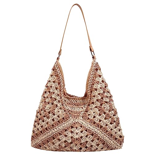 DKIIL NOIYB Stroh Umhängetasche, Gewebte Tote Bag, Handtasche Hobo-Tasche Basttasche für Damen, Geflochtene Tasche Strandtasche für Urlaub/Arbeit/Alltag/Sommer (B-Khaki) von DKIIL NOIYB