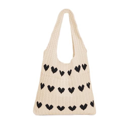 Gestrickte Umhängetasche Gehäkelte Einkaufstasche Herz Handtasche Hobo Bag Strick Tragetasche Häkeltasche Herz Strandtasche Tote Bag Teenager Mädchen Shopper Tasche (A7-Aprikose mit Schwarz) von DKIIL NOIYB