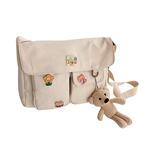 DKIIL NOIYB Kawaii Canvas Crossbody Tasche mit Kawaii Pins und Bär Anhänger für Mädchen, lässige Kawaii Crossbody Tasche Multi Pocket Schulter Messenger Bag für Schule Teenager, 01-a Beige, 30 von DKIIL NOIYB