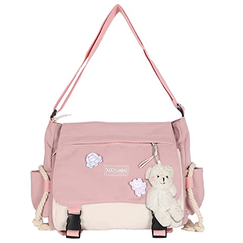 DKIIL NOIYB Kawaii Crossbody Tasche Mit Kawaii Bär Anhänger Für Mädchen Casual Kawaii Messenger Bag Canvas Hobo Taschen Multi Pocket Kawaii Tasche Für Frauen, A01-a Pink, 33W von DKIIL NOIYB