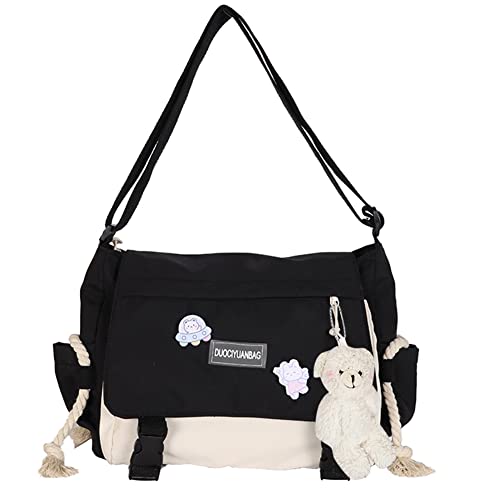 DKIIL NOIYB Kawaii Umhängetasche mit Kawaii-Bär-Anhänger für Mädchen, lässige Kawaii-Kuriertasche, Segeltuch, Hobo-Tasche, mehrere Taschen, Kawaii-Tasche für Damen, A01-schwarz, 33W von DKIIL NOIYB