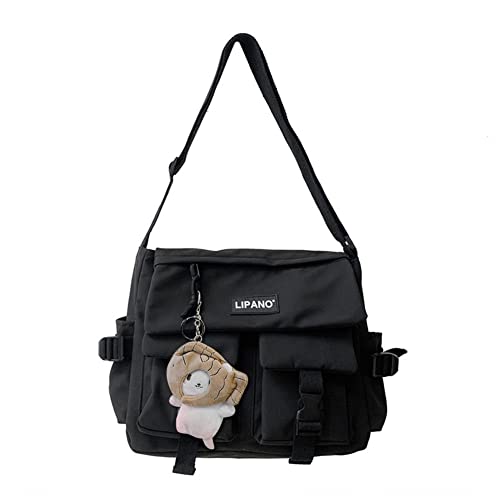 DKIIL NOIYB Kawaii Umhängetasche mit Kawaii-Bär-Anhänger für Mädchen, lässige Kawaii-Kuriertasche, Segeltuch, Hobo-Tasche, mehrere Taschen, Kawaii-Tasche für Damen, A03-schwarz, 31W von DKIIL NOIYB