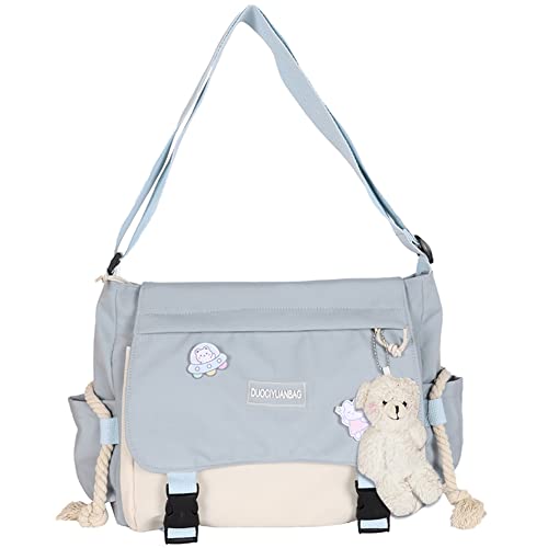 Kawaii Umhängetasche mit Kawaii-Bären-Anhänger für Mädchen, lässige Kawaii-Kuriertasche, Leinen, Hobo-Taschen, mehrere Taschen, Kawaii-Tasche für Frauen, A01-Blau von DKIIL NOIYB