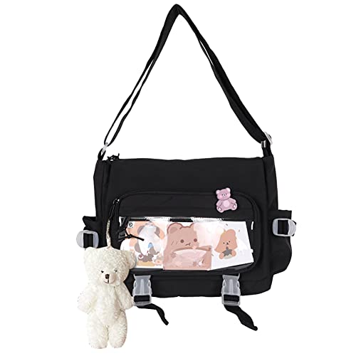 Kawaii Crossbody Tasche mit Kawaii Bär Anhänger für Mädchen Casual Kawaii Messenger Bag Canvas Hobo Taschen Multi Pocket Kawaii Tasche für Frauen, A01-a C Schwarz von DKIIL NOIYB