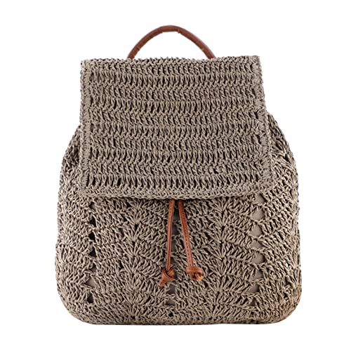 DKIIL NOIYB Stroh-Strandtasche für Damen, Stroh-Handtasche, Rucksack, Boho-gewebter hohler Stroh-Rucksack, lässiger Stroh-Strandrucksack für Sommer, Strand, Urlaub, 01-grau, 32 von DKIIL NOIYB