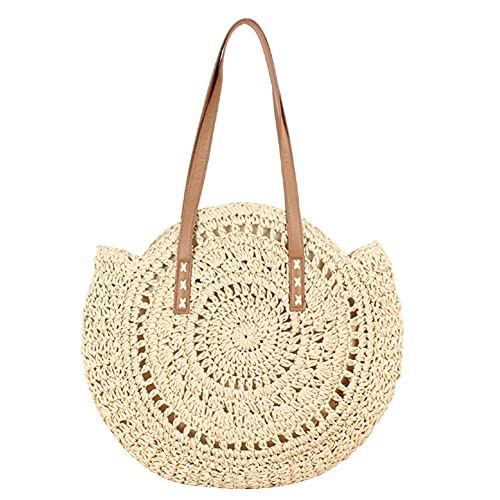 Strohhandtaschen für Damen, Sommer, Strand, Strohtasche, große Kapazität, handgewebt, Crossbody-Strohtaschen mit Innentasche und Tasche, rund, gewebte Geldbörse, 01-large Hollow Beige, 44 EU von DKIIL NOIYB