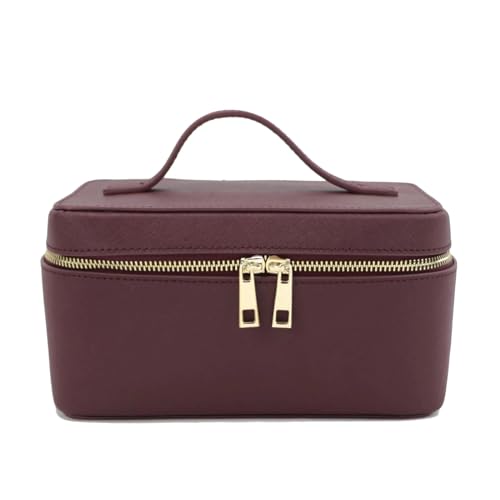Damen Split Leder Reise Kulturbeutel Tasche Tragbare hängende Make-up Organizer Box Kit Kosmetiktasche for Frauen(Burgundy) von DKJAHSEK