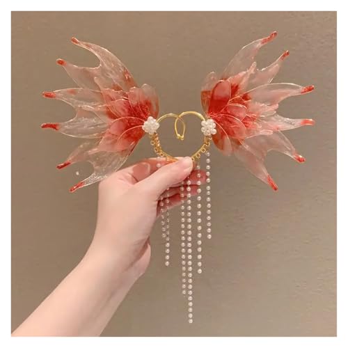 Exquisite Fee Meerjungfrau Ohrringe Nicht durchdringende Schmetterling Elfe Ohrklemme Handgefertigte Ohrmanschetten Fee Quasten Ohrclip Elfen Ohrschmuck FüR Cosplay Hochzeit(Red) von DKJAHSEK