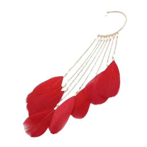 Feder Lange Quaste Manschette Ohrring for Frauen Ohne Piercing Charm Ohr Manschetten Hängende Ohrringe Clip Auf Ohrring 1pc FüR Cosplay Hochzeit(Red) von DKJAHSEK
