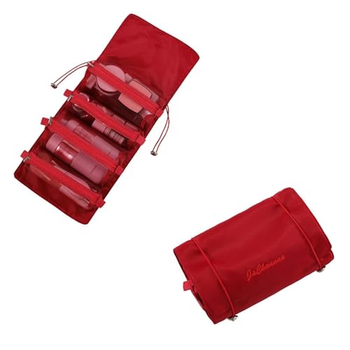 Frauen-Kosmetiktasche, Faltbare Nylontasche, Seil, Make-up-Tasche, 4 Stück in 1 Reißverschluss, Netz, trennbar, Reise, tragbare Kosmetiktasche(Red) von DKJAHSEK