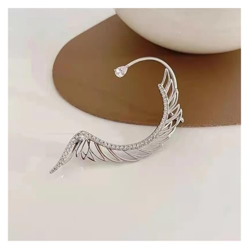 Gold Silber Farbe Metall Flügel Ohr Clips Hübsche Ohrringe Ohne Piercing Zirkon Ohr Manschette for Frauen Mode Schmuck FüR Cosplay Hochzeit(Silver Color-Left) von DKJAHSEK