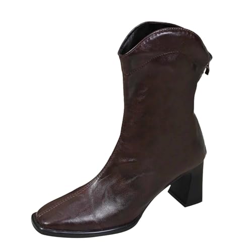 DKLOVIFU 2025 Western-Cowboystiefel mit Absatz und Quadratischem, Stiefeletten für Herbst Winter, Flache SchnüRstiefel Aus Wasserdichtem von DKLOVIFU