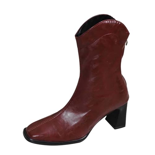 DKLOVIFU 2025 Western-Cowboystiefel mit Absatz und Quadratischem, Stiefeletten für Herbst Winter, Flache SchnüRstiefel Aus Wasserdichtem von DKLOVIFU