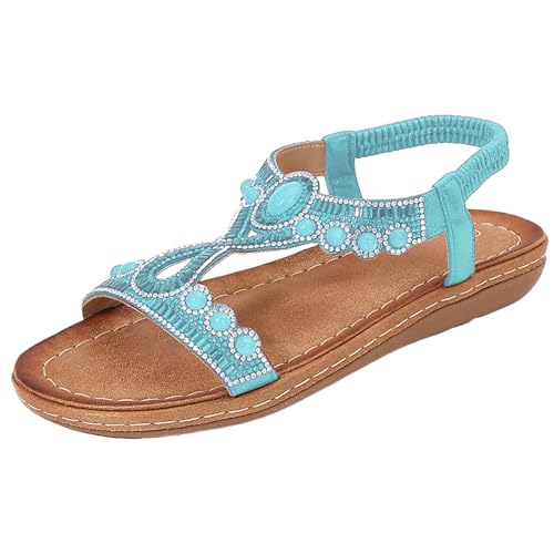 DKLOVIFU Badelatschen Damen Sandalen Bequeme Retro Ethno Stil Leichte Strand Urlaub Elastische Ferse Lässige Flache Sandalen Weiße Sneaker Keilsandalen Damen Pantoletten von DKLOVIFU