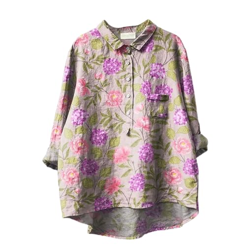 DKLOVIFU Bluse Damen Sommer Knopfleiste Shirt Leinenbluse Damen Sommer Vintage Blumen Print Langarmshirt Revers V-Ausschnitt Leinenhemd Blusen Tuniken für Damen Bunt Damenblusen Sommer von DKLOVIFU