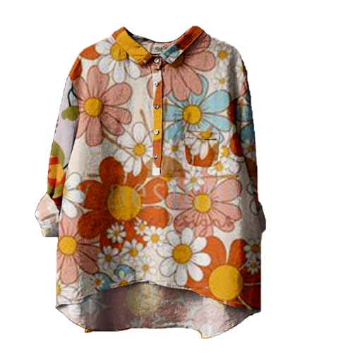 DKLOVIFU Bluse Damen Sommer Knopfleiste Shirt Leinenbluse Damen Sommer Vintage Blumen Print Langarmshirt Revers V-Ausschnitt Leinenhemd Blusen Tuniken für Damen Bunt Damenblusen Sommer von DKLOVIFU