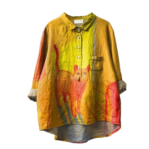 DKLOVIFU Bluse Damen Sommer Knopfleiste Shirt Leinenbluse Damen Sommer Vintage Blumen Print Langarmshirt Revers V-Ausschnitt Leinenhemd Blusen Tuniken für Damen Bunt Damenblusen Sommer von DKLOVIFU