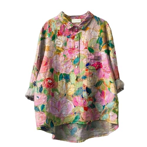 DKLOVIFU Bluse Damen Sommer Knopfleiste Shirt Leinenbluse Damen Sommer Vintage Blumen Print Langarmshirt Revers V-Ausschnitt Leinenhemd Blusen Tuniken für Damen Bunt Damenblusen Sommer von DKLOVIFU