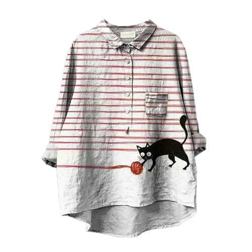 DKLOVIFU Bluse Damen Sommer Knopfleiste Shirt Leinenbluse Damen Sommer Vintage Blumen Print Langarmshirt Revers V-Ausschnitt Leinenhemd Blusen Tuniken für Damen Bunt Damenblusen Sommer von DKLOVIFU