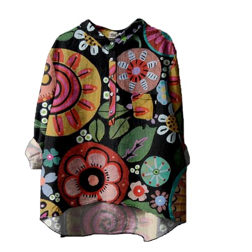 DKLOVIFU Bluse Damen Sommer Knopfleiste Shirt Leinenbluse Damen Sommer Vintage Blumen Print Langarmshirt Revers V-Ausschnitt Leinenhemd Blusen Tuniken für Damen Bunt Damenblusen Sommer von DKLOVIFU