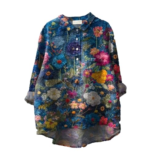 DKLOVIFU Bluse Damen Sommer Knopfleiste Shirt Leinenbluse Damen Sommer Vintage Blumen Print Langarmshirt Revers V-Ausschnitt Leinenhemd Blusen Tuniken für Damen Bunt Damenblusen Sommer von DKLOVIFU
