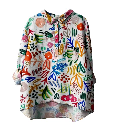 DKLOVIFU Bluse Damen Sommer Knopfleiste Shirt Leinenbluse Damen Sommer Vintage Blumen Print Langarmshirt Revers V-Ausschnitt Leinenhemd Blusen Tuniken für Damen Bunt Damenblusen Sommer von DKLOVIFU