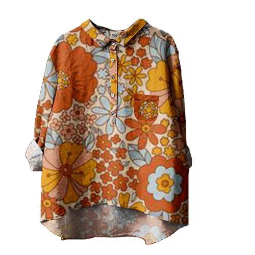 DKLOVIFU Bluse Damen Sommer Knopfleiste Shirt Leinenbluse Damen Sommer Vintage Blumen Print Langarmshirt Revers V-Ausschnitt Leinenhemd Blusen Tuniken für Damen Bunt Damenblusen Sommer von DKLOVIFU