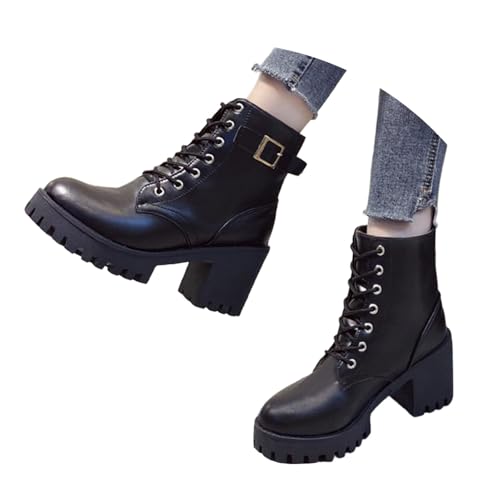 DKLOVIFU Damen Ankle Boots Frauen Stiefeletten Schlupfstiefel Elegant Stiefel Winter Schwarze kurze Damenstiefel mit Runder Zehenpartie und klobigem Absatz Keilabsatz von DKLOVIFU