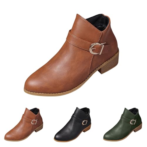 DKLOVIFU Damen Chelsea Boots zum Schlupfen Elegant, Spitze Zehenpartie mit Gürtelschnalle und Quadratischem Absatz, Seitlichem Reißverschluss, Stiefeletten Damen von DKLOVIFU