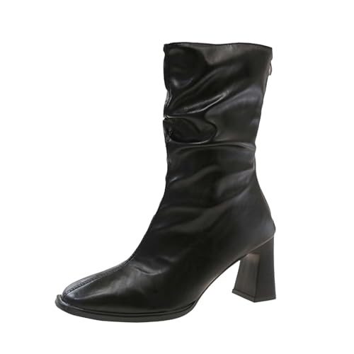 DKLOVIFU Damenstiefel mit hohen Absätzen quadratisch mit Mittleren Wadenstiefeln Stiefeletten mit Klettverschluss & Struktur von DKLOVIFU