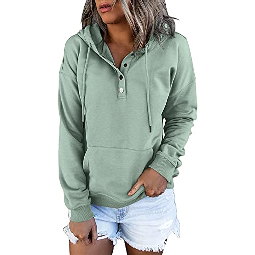 DKLOVIFU Kapuzenpullover Damen Knopfleiste Hoodie Pullover Langarm Herbst Winter Sweatshirt Oberteil Pulli Kordelzug Pullover Tops mit Kängurutasche Übergröße Hoodies von DKLOVIFU