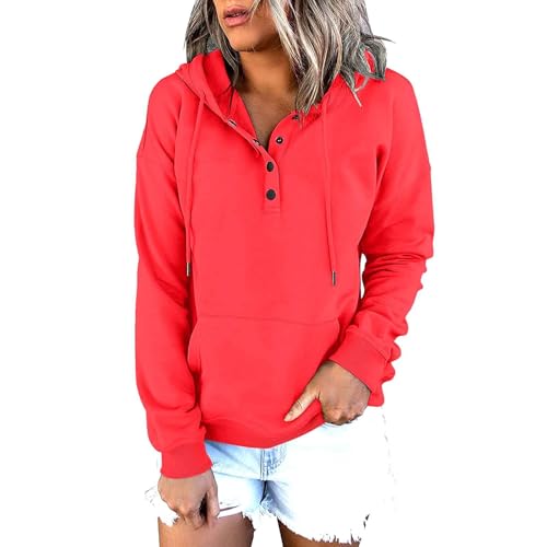 DKLOVIFU Kapuzenpullover Damen Knopfleiste Hoodie Pullover Langarm Herbst Winter Sweatshirt Oberteil Pulli Kordelzug Pullover Tops mit Kängurutasche Übergröße Hoodies von DKLOVIFU