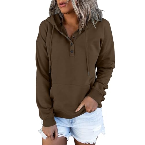DKLOVIFU Kapuzenpullover Damen Knopfleiste Hoodie Pullover Langarm Herbst Winter Sweatshirt Oberteil Pulli Kordelzug Pullover Tops mit Kängurutasche Übergröße Hoodies von DKLOVIFU