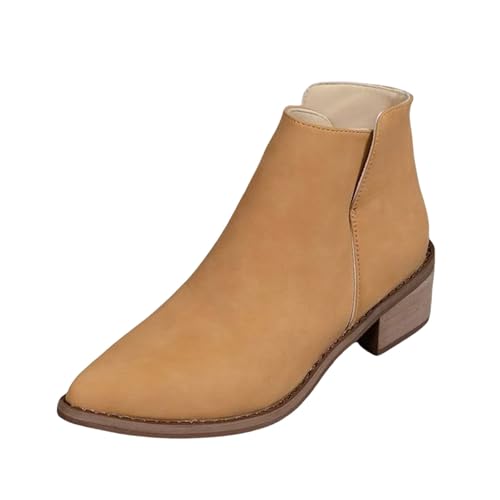 DKLOVIFU Kurze Stiefel Winter einfarbige Schößchen-Blockabsatz-Lederstiefel mit spitzer Zehenpartie Cowboy Boots mit Absatz von DKLOVIFU